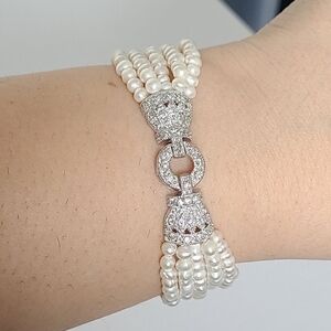 Vintage Art Deco Sterling Silver Rhodium Pearl Strand Clear CZ Crystal Bracelet